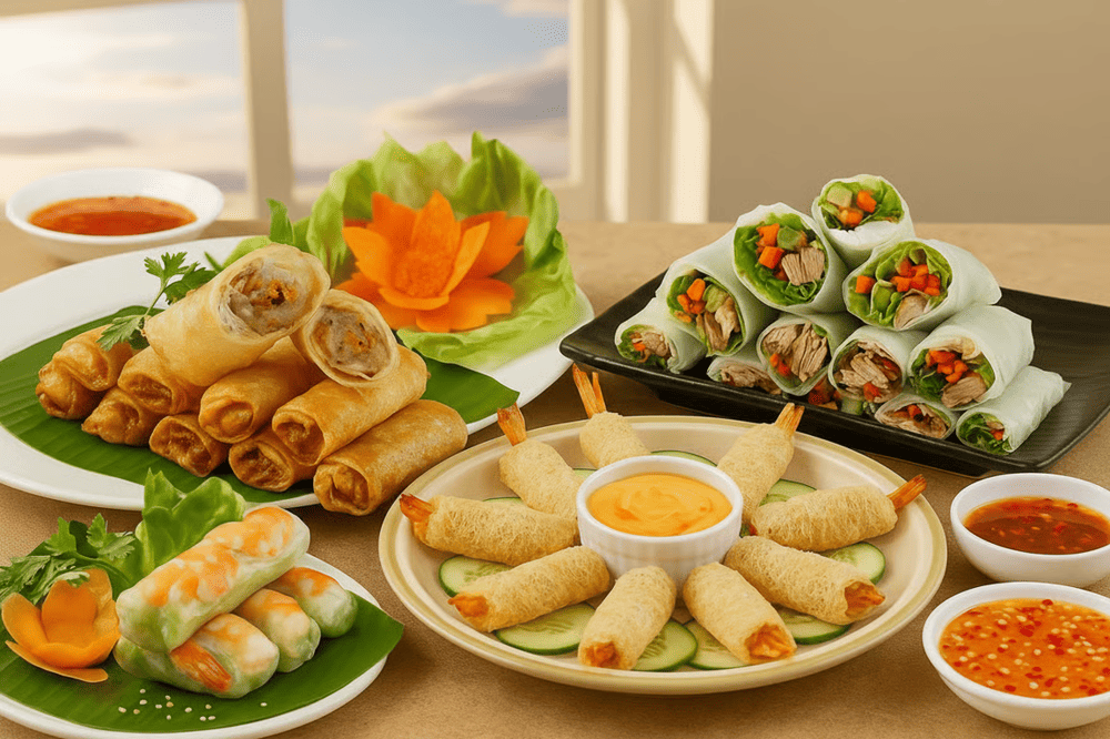 The term "spring rolls" encompasses both fresh varieties (goi cuon), fried versions (cha gio), etc., each representing different regional preferences and cooking traditions.